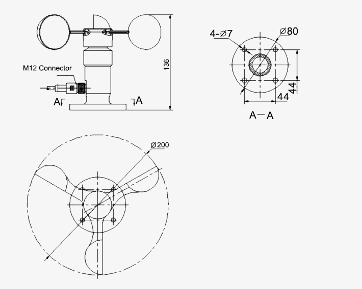 0-60 m/s 3 cup anemometer dimension