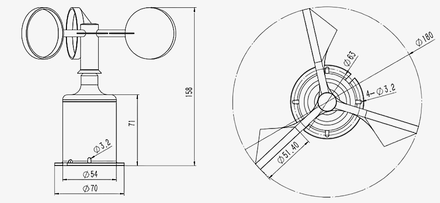 3 Cup anemometer 0-70 m/s dimension