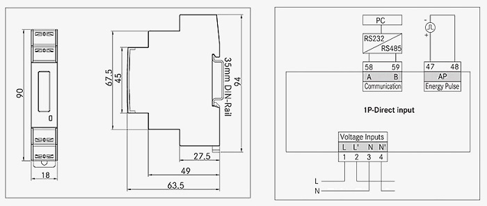 Dimension and wiring of in rail mounted energy meter