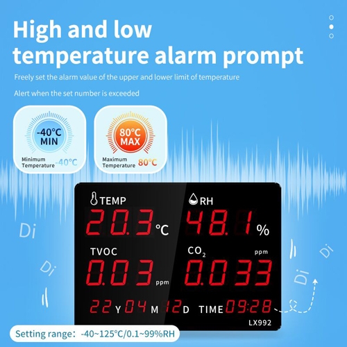Air quality tester with high and low temperature alarm