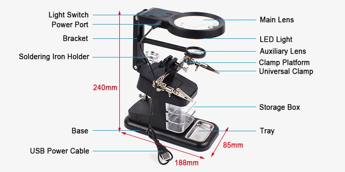 Desk magnifying glass with light structures