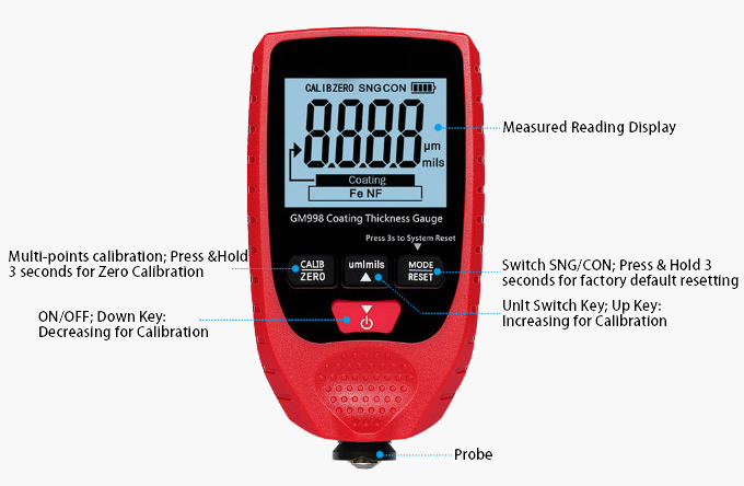 Detail of 0-1500 um digital coating thickness gauge