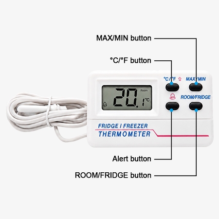 Digital freezer thermometer with clearly labeled buttons