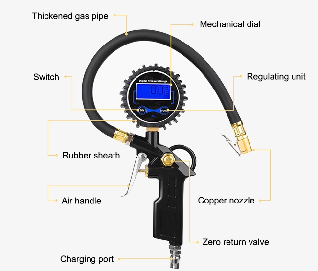 Digital tire pressure gauge with inflator detail