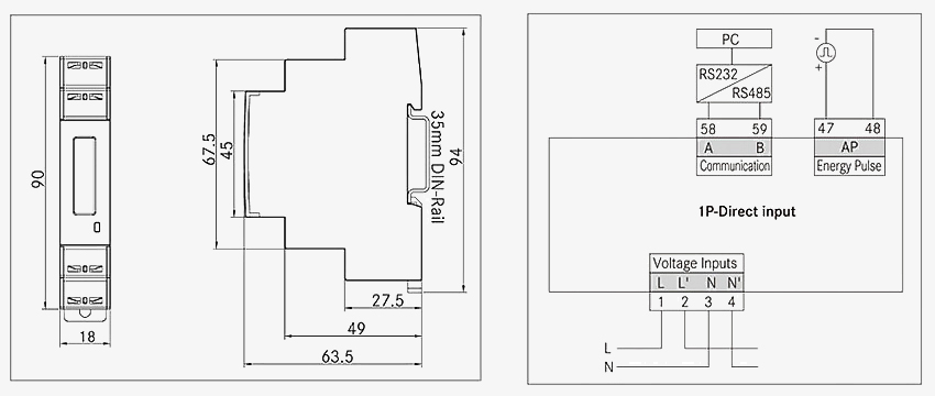 Single phase digital energy meter dimension and wiring