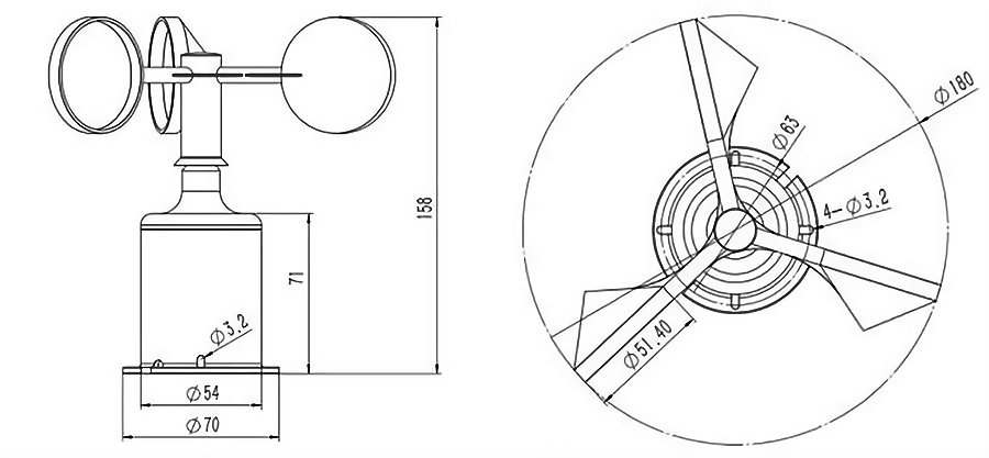 Dimension of 0~70 m/s 3-cup anemometer