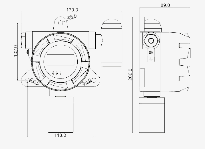 fixed chlorine dioxide gas detector size