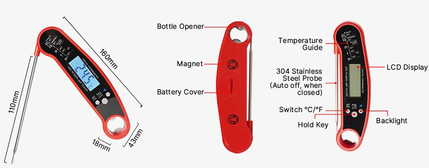 Folding digital food thermometer dimension and structure