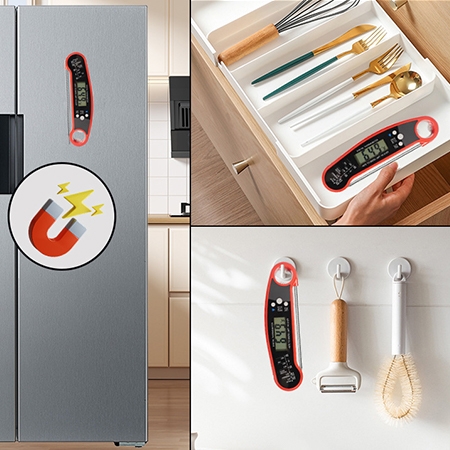 Folding digital food thermometer with multiple placement methods