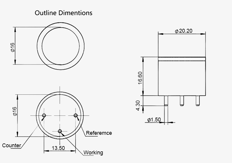 Hydrogen sulfide gas sensor dimension