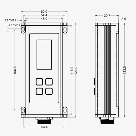 Laser displacement sensor front and side structural diagram
