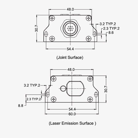 Laser displacement sensor top and down structural diagram