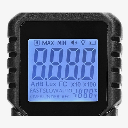 Mini sound level meter features backlit display