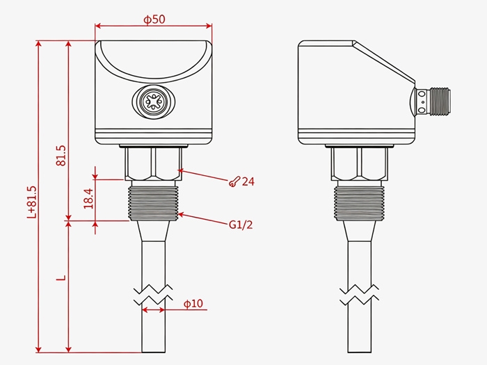 Capacitive level sensor for corrosive liquids dimension