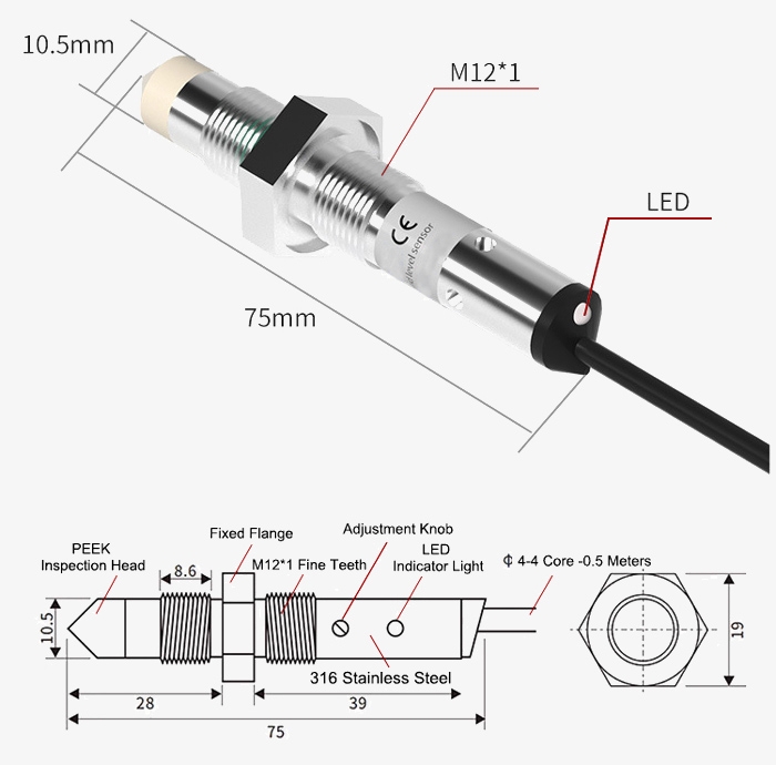 Contact capacitance liquid level sensors dimension