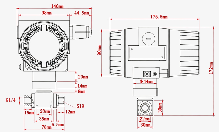 Differential pressure transmitter for liquid dimension