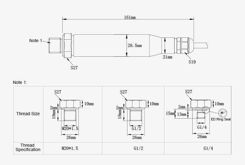 Waterproof pressure transducer dimension