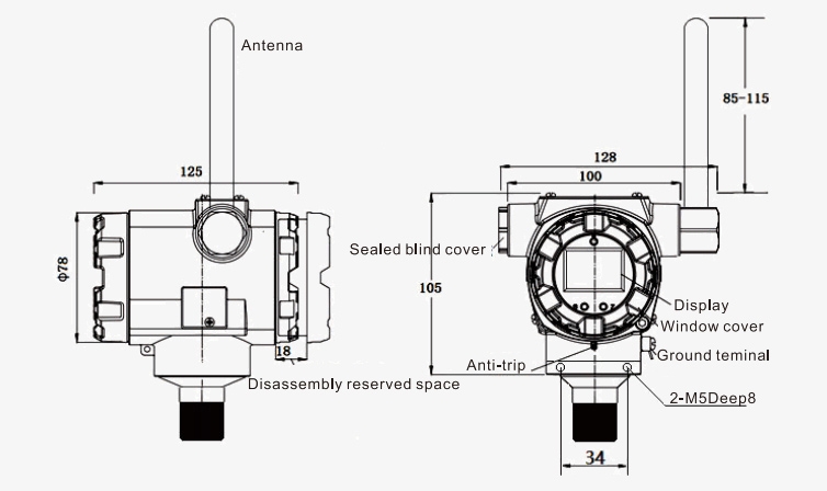 Wireless pressure transducer dimension