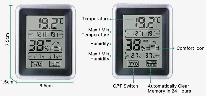 Touch screen digital thermometer hygrometer dimension and display panel details