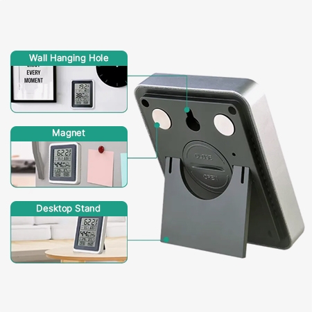 Touch screen digital thermometer hygrometer supports 3 different placement methods