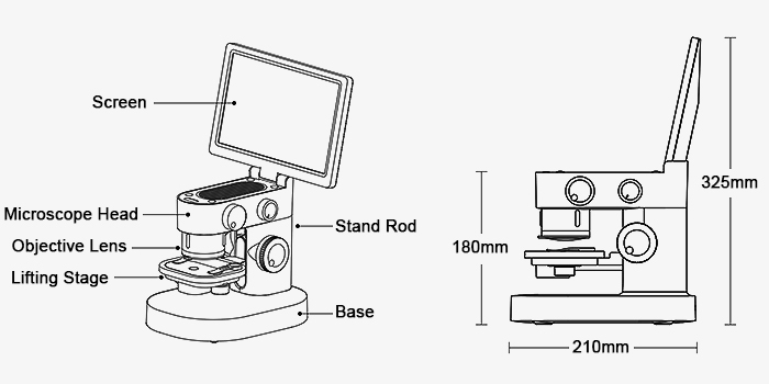 Touchscreen electron biological microscope structure and dimensions