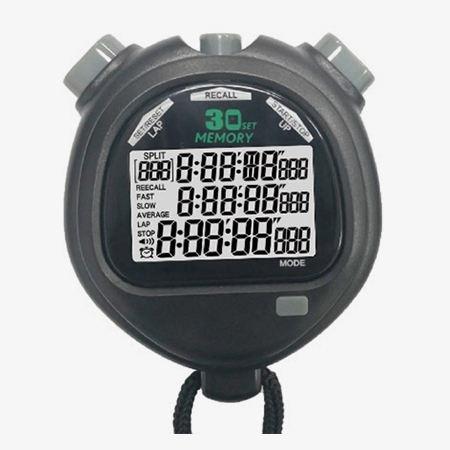 Triple-row 30-lap stopwatch screen