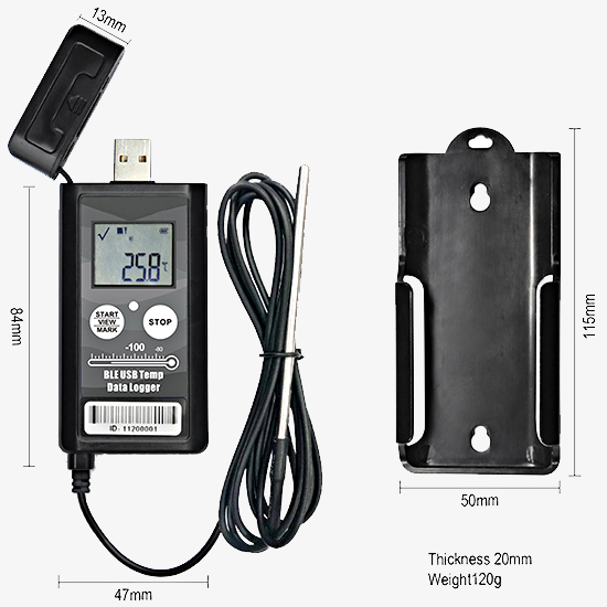 USB temperature data logger with probe dimension