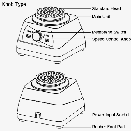 Vortex mixer with speed control knob compact design