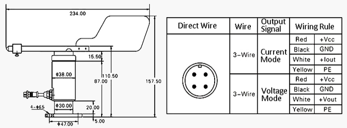 Dimension and wiring of wind direction anemometer